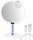9.65-inch Lighting Makeup Mirror, 1x / 10x,Touch Control,3-Color Adjustable,Metal Stand,up and Down Adjustable Makeup Mirror, High Color Rendering, Eye-Protecting Light Source,Ultramarine