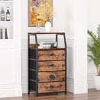 Furnulem Night Stand, Tall 4 Drawers Dresser for Bedroom, Hallway, Nursery, Closet Organizer, Nightstand Bedside Table Furniture, Vertical Storage Tower Fabric, Sturdy Steel Frame, Wood Top
