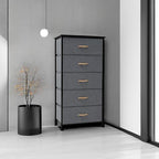 Crestlive Products Vertical Dresser Storage Tower - Sturdy Steel Frame, Wood Top, Easy Pull Fabric Bins - Wide Organizer Unit for Bedroom, Hallway, Entryway, Closets - 5 Drawers(Gray)