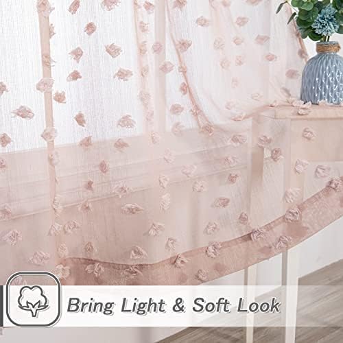 MYSKY HOME Pink Sheer Short Curtains with Pom Pom for Small Windows Dusty Rose Bedroom Nursery Kids Girls Room Curtains Cafe Kitchen Light Filtering Boho Drapes, Rod Pocket,38 x 45 Inches, 2 Panels