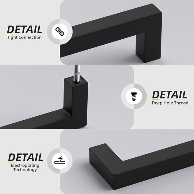 goldenwarm 100 Pack 7-1/2 Inch Black Cabinet Handles Matte Black Drawer Pulls Stainless Steel Cabinets Hardware Square Bar Modern for Kitchen Bathroom Cupboard