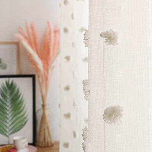 MYSKY HOME Beige Sheer Short Curtains with Pom Pom for Small Windows Bedroom Nursery Kids Girls Room Curtains Cafe Kitchen Light Filtering Boho Drapes, Rod Pocket,52 x 45 Inches, 2 Panels
