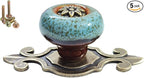 5 Pack Retro Ceramic Knobs,Vintage Dresser Kitchen Petal Cabinet Pulls Rustic Zinc Alloy Base Back Plate Kid Cupboard Wardrobe Drawer Door Handles (Leopard Print Blue)