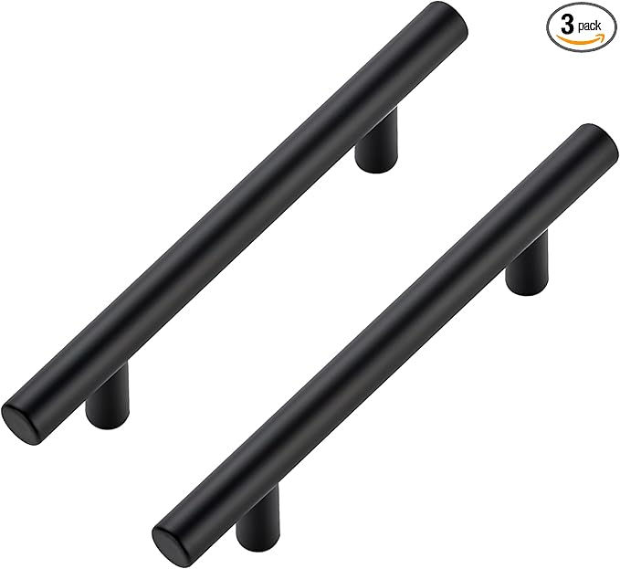 JOY DECOR 3 Pack Cabinet Handles, Black Cabinet Pulls, 3-3/4 in Hole Center Kitchen Hardware, Stainless Steel T Bar Handles for Dresser Drawers