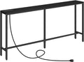 63" Console Table with Power Outlet, Narrow Sofa Industrial Entryway Behind Couch Table with USB Ports for Entryway, Hallway, Foyer, Living Room, Bedroom, Black CTHB16E01