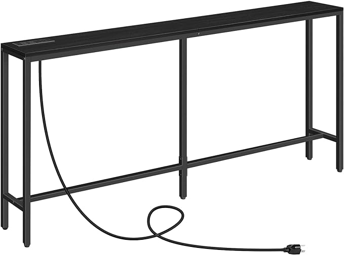 63" Console Table with Power Outlet, Narrow Sofa Industrial Entryway Behind Couch Table with USB Ports for Entryway, Hallway, Foyer, Living Room, Bedroom, Black CTHB16E01