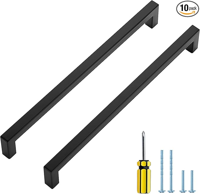 Ravinte 10 Pack Black Cabinet Pulls 10 Inch Square Kitchen Cabinet Handles Matte Black Kitchen Hardware for Drawer Pulls Drawer Handles Come with Screwdriver