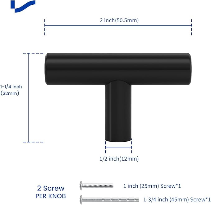 LONTAN 50 Pack Black Knobs for Cabinets and Drawers Kitchen Cabinet Knobs for Dresser Bathroom Modern T Bar Furniture Black Hardware,Stainless Steel