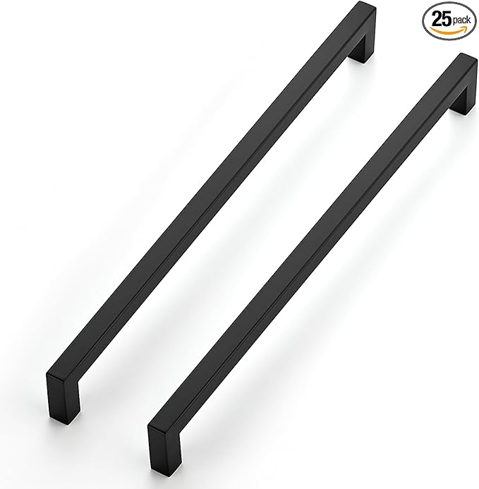 JOY DECOR 25 Pack Cabinet Handles, Black Cabinet Pulls, 11-1/3 Inch Kitchen Closet Handles Square Drawer Pulls Stainless Steel Drawer Hardware, 288mm Hole Centers