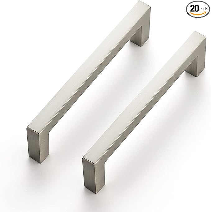 Ravinte 20 Pack Solid 3-3/4 Inch Center to Slim Square Bar Drawer Handles Cabinet Brushed Nickel Pulls Kitchen Hardware, Satin Nickel, 3-3/4'' Hole