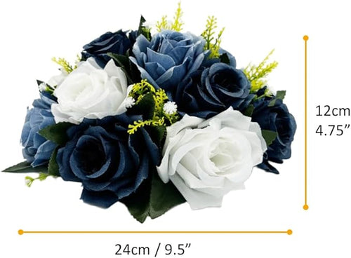 10Pcs Fake Flower Ball Arrangement Bouquet, 9.5" 15 Heads Plastic Roses with Base,Suitable for Parties Valentine's Day Wedding Centerpiece Flower Rack and Home Décor (Dusty Blue & White)