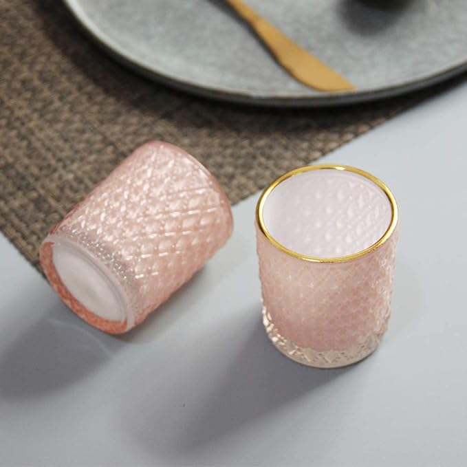 SHMILMH Pink Votive Candle Holders Set of 12, Vintage Glass Tealight Candle Holder with Gold Rim, Votives for Valentines Table Centerpiece, Wedding Decoration