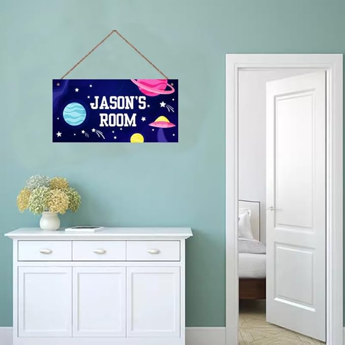 Personalized Outer Space Sign Cute Kids Aerospace Themed For Kids Room Nursery Baby Playroom Door Decor,Custom Name Stars Wall Decor Decorative Plate for Boys Room