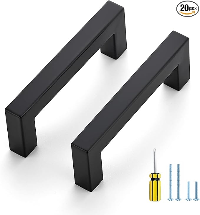 Ravinte 20 Pack Black Cabinet Pulls 3-1/2 Inch Square Kitchen Cabinet Handles Matte Black Kitchen Hardware for Drawer Pulls Drawer Handles Come with Screwdriver