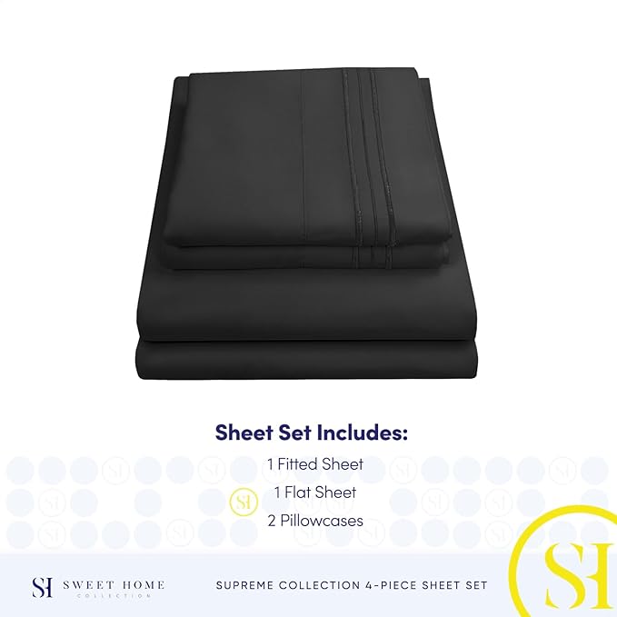 King Size Sheets - Breathable Luxury Bed Sheets with Full Elastic & Secure Corner Straps Built In - 1800 Supreme Collection Extra Soft Deep Pocket Bedding Set, Sheet Set, King, Black
