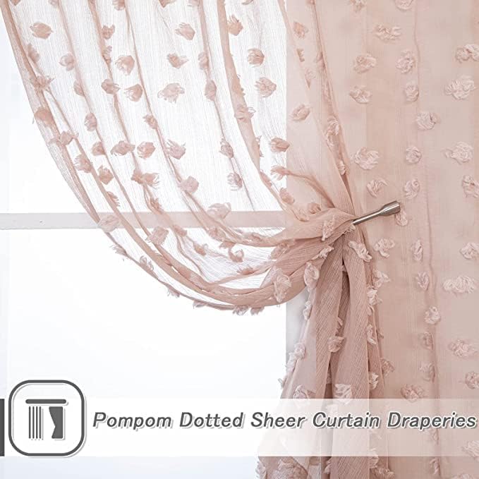 MYSKY HOME Pink Sheer Short Curtains with Pom Pom for Small Windows Dusty Rose Bedroom Nursery Kids Girls Room Curtains Cafe Kitchen Light Filtering Boho Drapes, Rod Pocket,52 x 45 Inches, 2 Panels