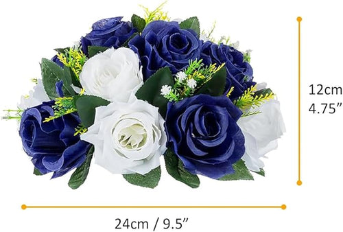 10Pcs Fake Flower Ball Arrangement Bouquet, 9.5" 15 Heads Plastic Roses with Base,Suitable for Parties Valentine's Day Wedding Centerpiece Flower Rack and Home Décor (Navy Blue & White)