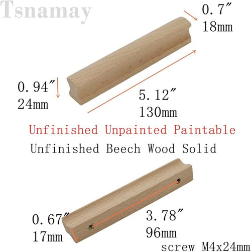 10Pcs Unfinished Beech Wood Solid Furniture Pulls Handles,Unfinished Unpainted Paintable Wooden Handles Cupboard Closet Drawer Handle Pull,Length 5.12",Hole Dis.3.78"