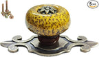 5 Pack Retro Ceramic Knobs,Vintage Dresser Kitchen Petal Cabinet Pulls Rustic Zinc Alloy Base Back Plate Kid Cupboard Wardrobe Drawer Door Handles (Leopard Print Yellow)