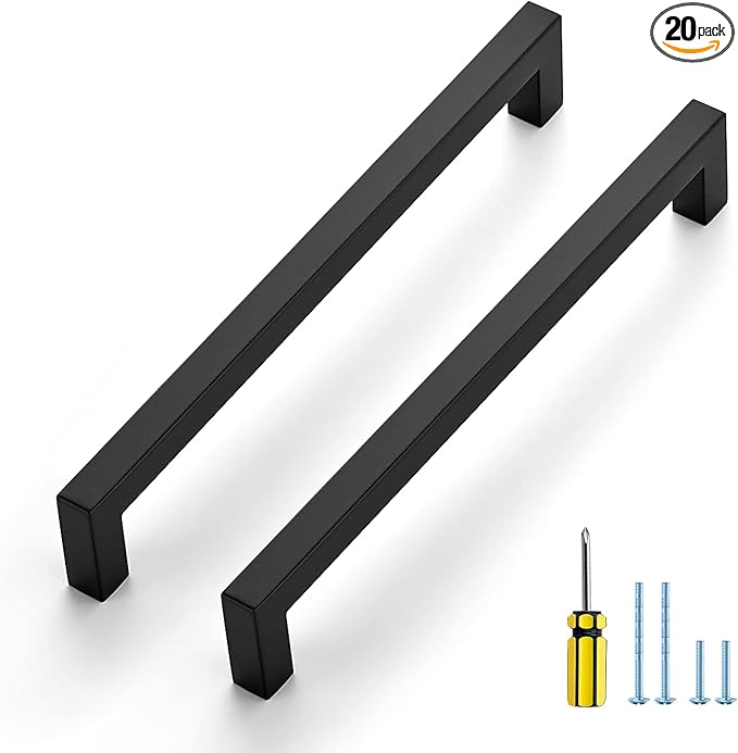 Ravinte 20 Pack Black Cabinet Pulls 8 Inch Square Kitchen Cabinet Handles Matte Black Kitchen Hardware for Drawer Pulls Drawer Handles Come with Screwdriver