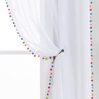 Treatmentex White Sheer Curtains Multi Colorful Pom Pom Sheer Drapes 63" inches Long Window Draperies for Nursery Room Bed Canopy 2 Panels Rod Pocket
