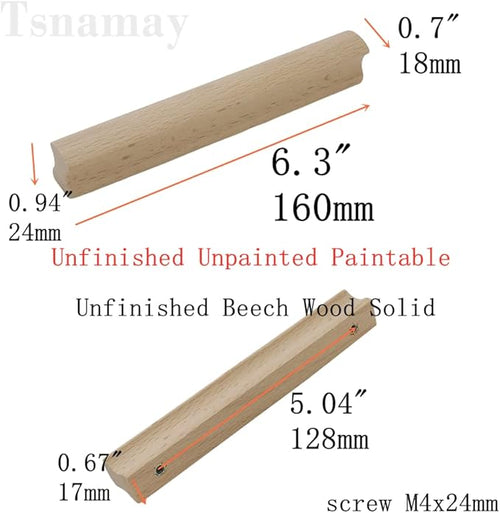 10Pcs Unfinished Beech Wood Solid Furniture Pulls Handles,Unfinished Unpainted Paintable Wooden Handles Cupboard Closet Drawer Handle Pull,Length 6.3",Hole Dis.5.04"
