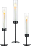 Hewory Black Taper Candle Holders: Candlestick Holders Set of 3 Hurricane Glass Tall Candle Holder for Candlesticks Candle Sticks Holder Decor for Table Centerpiece Wedding Party Christmas Decorations
