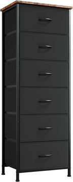 Somdot Tall Dresser for Bedroom with 6 Drawers, Storage Organizer Chest of Drawers with Removable Fabric Bins for Closet Bedside Living Room Laundry Entryway Hallway, Black Rustic Brown