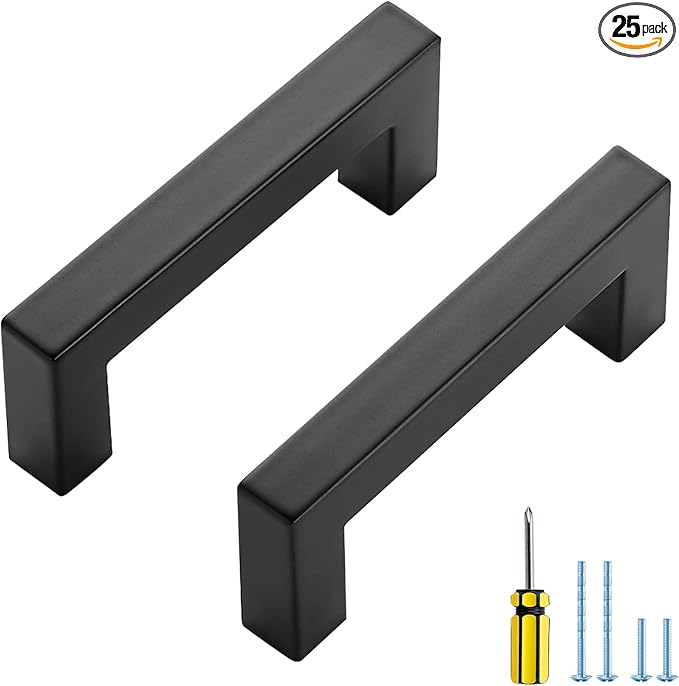 Ravinte 25 Pack Black Cabinet Pulls 3 Inch Square Kitchen Cabinet Handles Matte Black Kitchen Hardware for Drawer Pulls Drawer Handles Come with Screwdriver