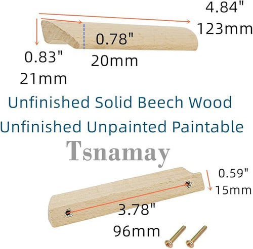 10Pcs Unfinished Wood Solid Furniture Pulls Handles,Unfinished Unpainted Paintable Wooden Handles Cupboard Closet Drawer Handle Pull,Length 4.84",Hole Dis.3.78"