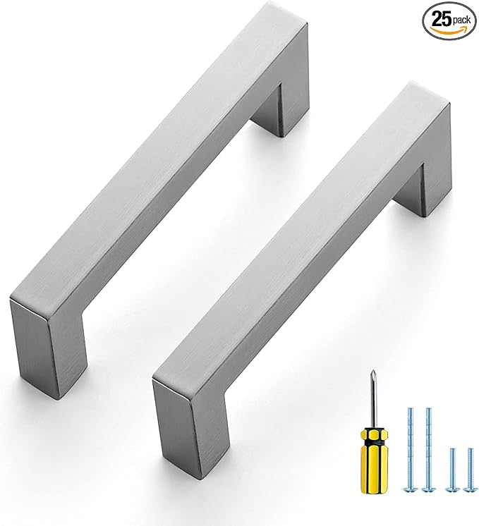 Ravinte 25 Pack Brushed Nickel Kitchen Cabinet Handles 3-1/2 Inch Cabinet Pulls Square Kitchen Hardware for Cabinet Drawer Pulls Drawer Handles Come with Screwdriver