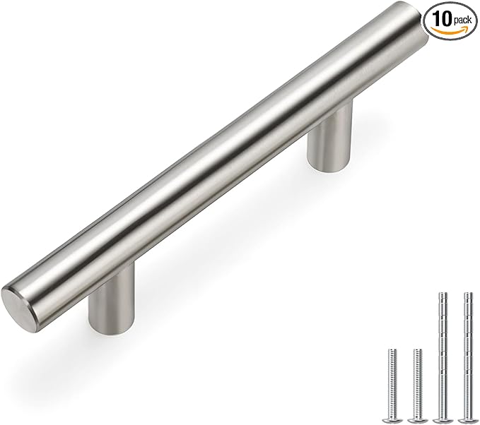 homdiy 10 Pack |Cabinet Handles Brushed Nickel Cabinet Pulls Cabinet Hardware 2-1/2in Hole Centers Drawer Pulls Kitchen Cupboard Euro T Bar Dresser Pulls 201SN