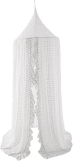 Wonder Space Elegant Kids Bed Canopy - Lace Chiffon Netting with Pom Pom, Princess Girls Fairy Dream Tent, Nursery Room Baby Crib Hanging Curtain Mosquito Net Children Reading Nook Decoration (White)