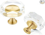 QOGRISUN 2-Pack Brass Crystal Cabinet Knobs,Glass Crystal Gold Drawer Knobs,1-1/4-Inch Polygon,Decorative Dresser Pulls, Modern Cabinet Hardware
