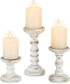 Romadedi Wood Candle Holders for Pillar Candles - Set of 3 Tall Farmhouse Wooden Candlestick Holder, Rustic Candle Stand for Fireplace Mantle Shelf Table Home Decor, Brown Whitewashed 3.9"/6"/ 8.3"