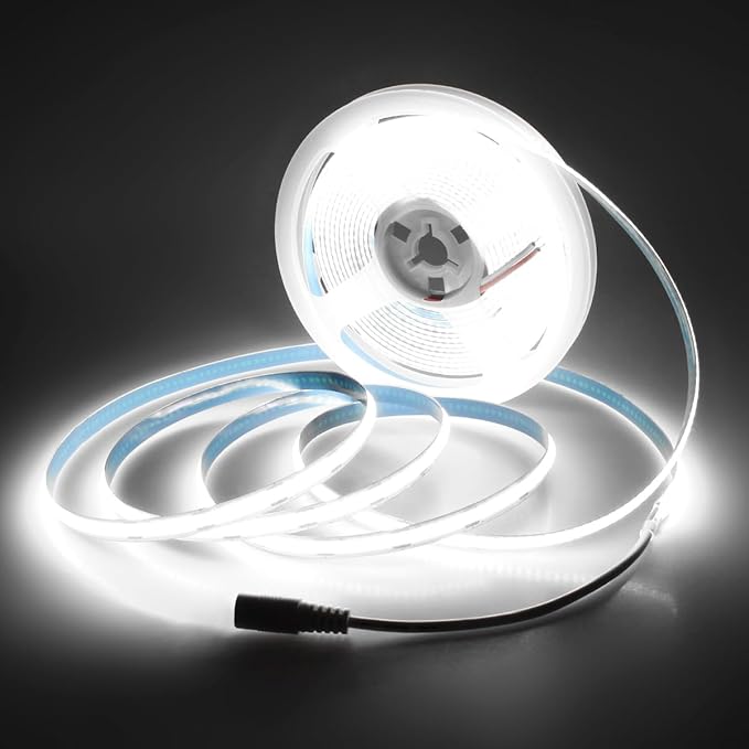 Aclorol 12 Volt Led Strip Lights COB 16.4ft Led Strip Lights for Bedroom 6000K Daylight White CRI85+ Flexible LED Tape Light for Kitchen Party Cabinet 320Leds/m(Power Supply&LED Dimmer Not Included)