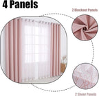 BONZER Mix and Match Curtains - 2 Pieces Branch Print Sheer Curtains and 2 Pieces Blackout Curtains for Bedroom Living Room Grommet Window Drapes, 54x95 Inch/Panel, Blush, Set of 4 Panels