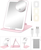 Gospire Travel Makeup Mirror with Lights and Magnification 10X, Portable Make Up Compact Tabletop Mirror with Adjustable Stand, 3 Colored Lights Rechargeable Lighted LED Vanity Mirror - Pink