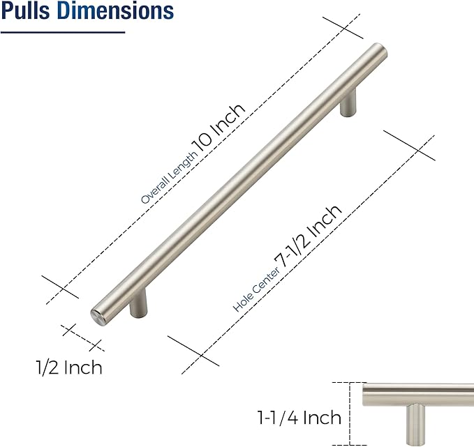 JOY DECOR 20 Pack Cabinet Handles, Brushed Nickel Cabinet Pulls, 7-1/2 in Hole Center Kitchen Cabinet Handles, Stainless Steel T Bar Handles for Dresser Drawers