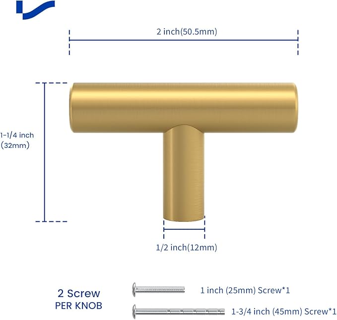 LONTAN 30 Pack Kitchen Cabinet Knobs Gold Drawer Knobs Brushed Brass Kitchen Cabinet Hardware for Bathroom Cupboard 2in Overall Length,Stainless Steel