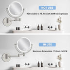 Hard Wired Makeup Mirror with Lights Wall Mounted with Magnification, 8 Inch Double Sides 10X Magnifying Bathroom Mirror 3 Color Lighting Touch Dimming, Extended Arm Shaving Mirror, Brushed Nickel