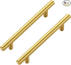 JOY DECOR 5 Pack Cabinet Handles, Gold Cabinet Pulls, 5 in Hole Center Kitchen Cabinet Handles, Stainless Steel T Bar Handles for Dresser Drawers