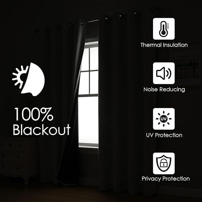 ChrisDowa 100% Blackout Curtains for Bedroom with Black Liner, 2 Thick Layers Total Blackout Thermal Insulated Grommet Small Window Curtains 45 Inch Length 2 Panels Set (Light Grey, 52 x 45 Inch)