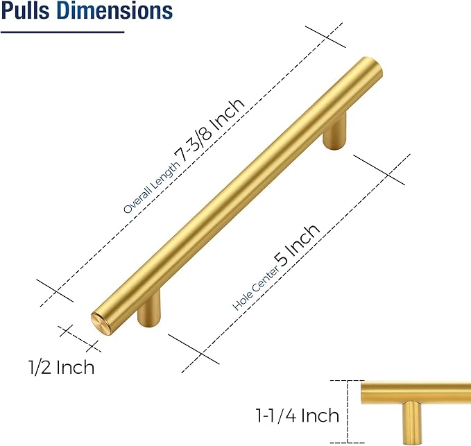 JOY DECOR 60 Pack Cabinet Handles, Gold Cabinet Pulls, 5 in Hole Center Kitchen Cabinet Handles, Stainless Steel T Bar Handles for Dresser Drawers