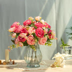 Artificial Peonies Silk Flowers in Glass Vase Faux Flowers Bouquets Modern Penoy Arrangement 4 Pack for Home Decoration Table Centerpiece (Rose Red)