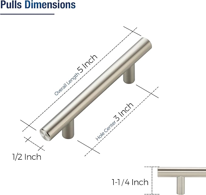 JOY DECOR 15 Pack Cabinet Handles, Brushed Nickel Cabinet Pulls, 3 in Hole Center Kitchen Cabinet Handles, Stainless Steel T Bar Handles for Dresser Drawers