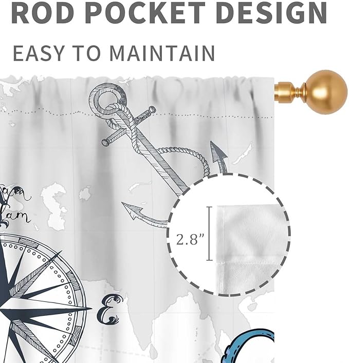Nautical Curtains, Coastal Old Pirate Map Sailboat Compass Anchor Vintage Ocean Kraken Octopus Tentacles Blue Marine Window Drapery Treatment for Bedroom Living Room Kitchen Bathroom, 52"x84" Inch