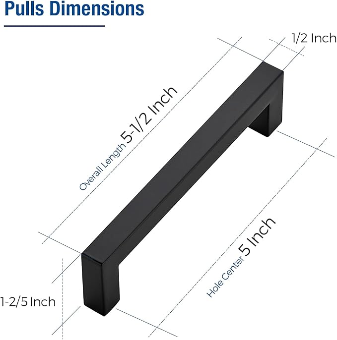 JOY DECOR 10 Pack Cabinet Handles, Black Cabinet Pulls, 5 Inch Kitchen Closet Handles Square Drawer Pulls Stainless Steel Drawer Hardware, 128mm Hole Centers
