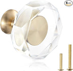 6-Pack 1-1/4-Inch White Cabinet Glass Crystal Patterned knob Brass Drawer Dresser Pulls, Gold Hardware Kitchen Closet knobs for Bifold Doors