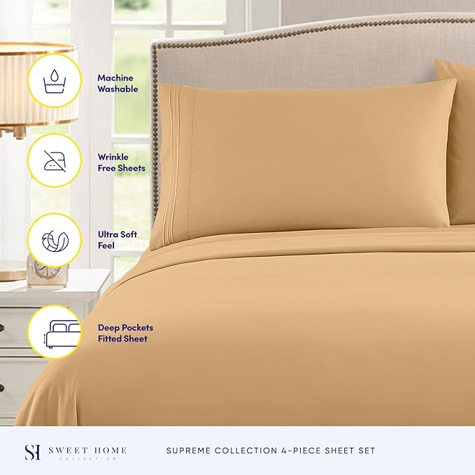RV Queen Bed Sheets - Breathable Luxury Sheets with Full Elastic & Secure Corner Straps Built In - 1800 Supreme Collection Extra Soft Deep Pocket Bedding Set, Sheet Set, RV Short Queen, Camel
